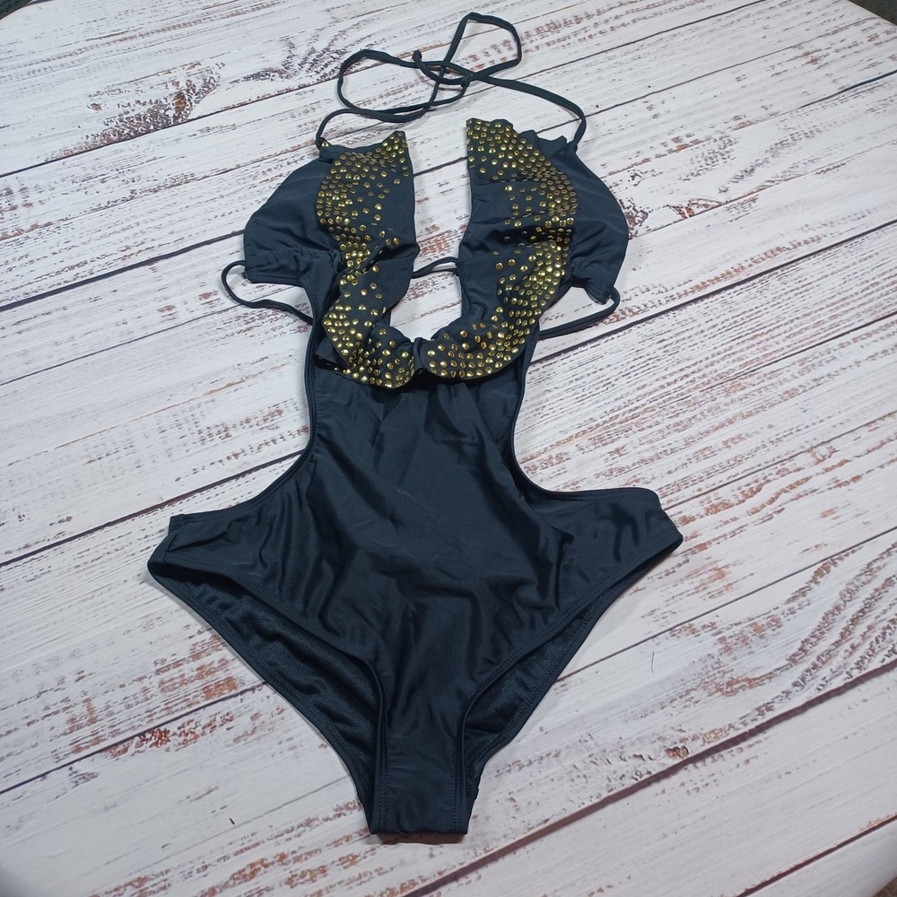 Plunge Monokini One Piece Swimsuit Women Medium Black New Studded Ruffle Halter